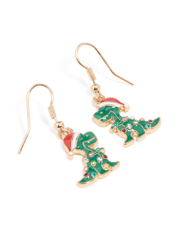 Gold Santa Hat Dinosaur With Diamante Lights Drop Earrings