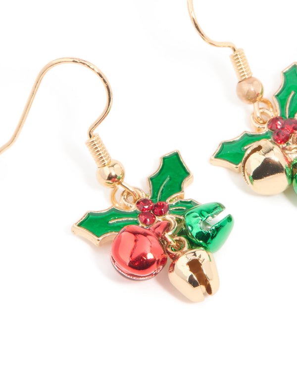 Gold Holly Plant & Red Bell Drop Earrings