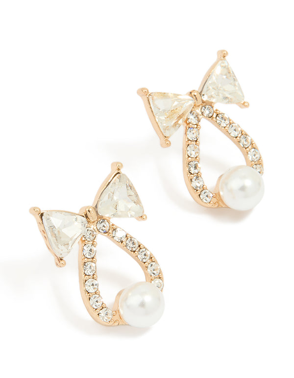 Gold Diamante Bow & Bell Stud Earrings