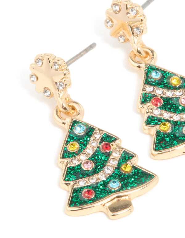 Gold Green Acrylic Festive Tree Studs