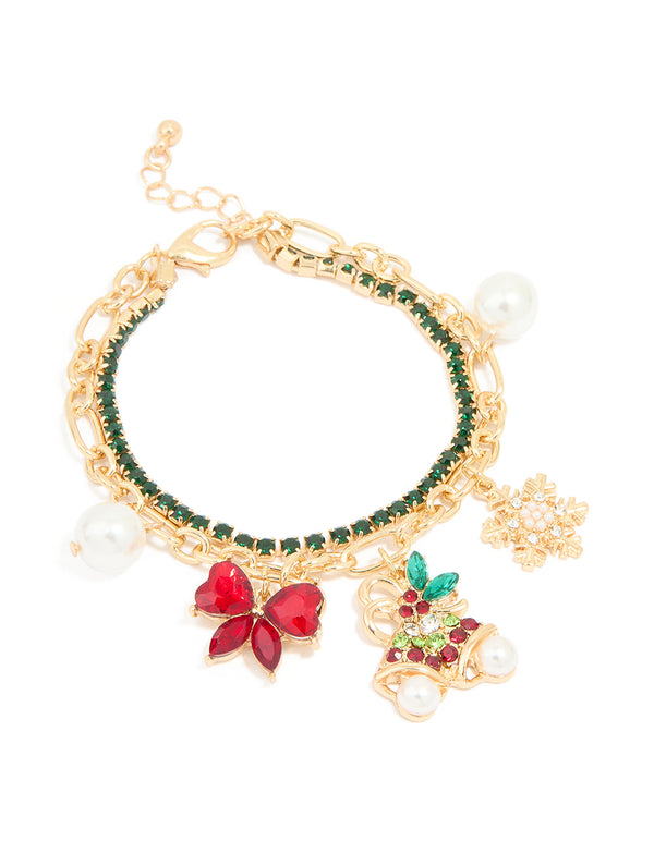 Gold Green Diamante Cup Chain & Festive Charm Layered Bracelet