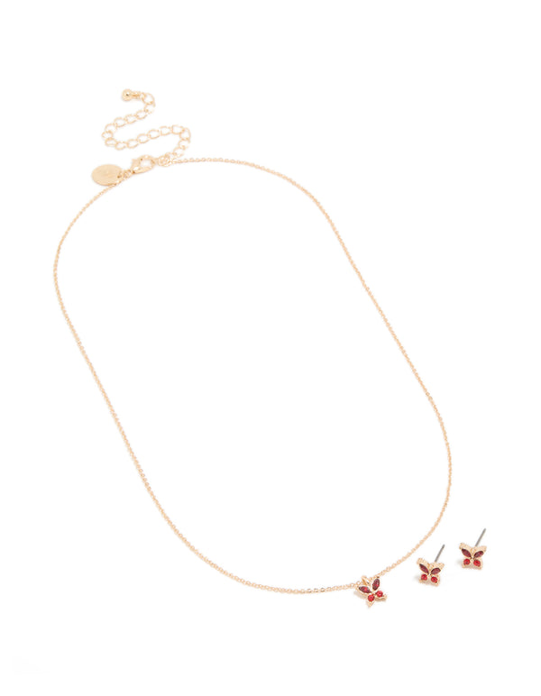 Gold Red Diamante Butterfly Stud Earrings & Necklace Set
