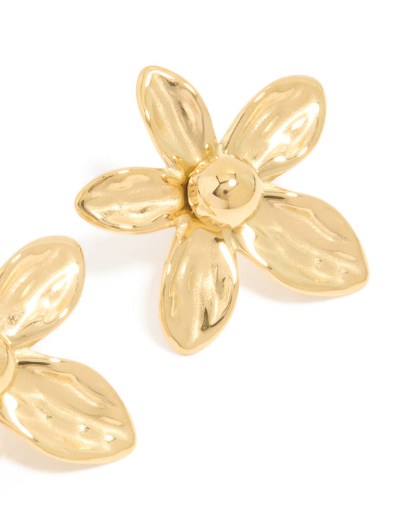 Waterproof Gold Plated Stainless Steel 5-Petal Flower Stud Earrings