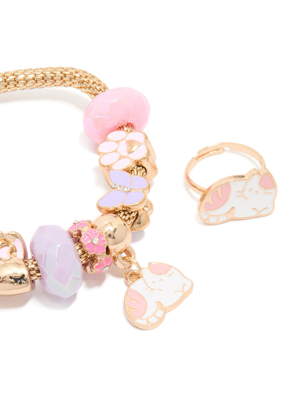 Kids Gold Pink & White Cat Flower Stretch Bracelet & Ring Set