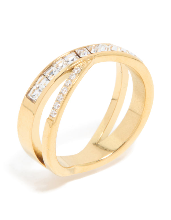 Showcasing a waterproof gold plated stainless steel diamante cross over ring with clear gemstone accents side detail view