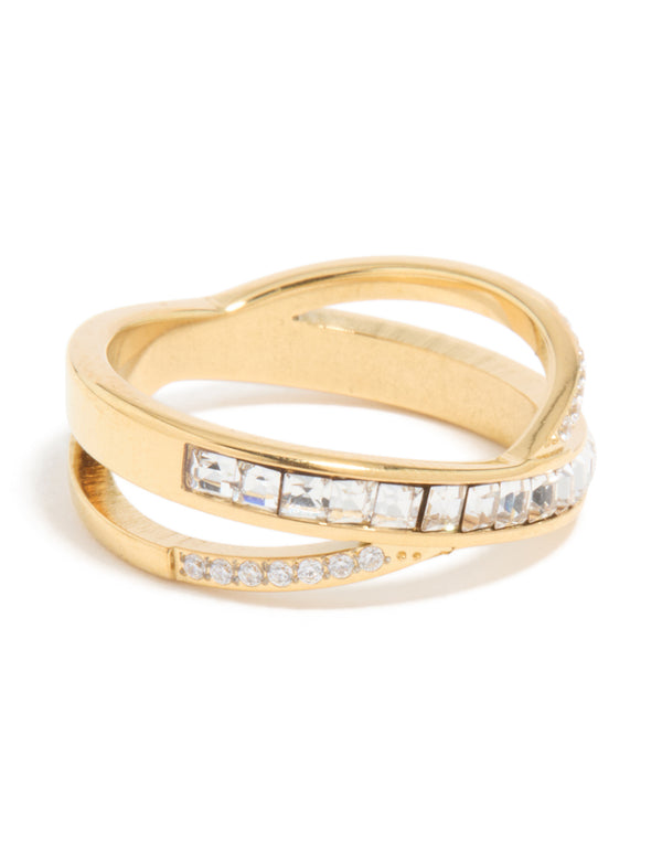 Featuring a waterproof gold plated stainless steel diamante cross over ring with clear gemstone accents front view