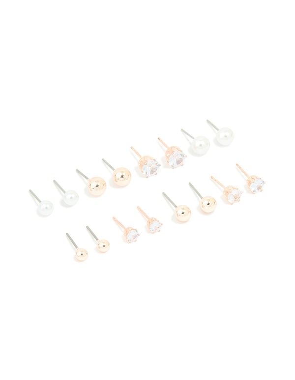 Rose Gold & Pearl Mixed Basic Stud Earrings 8-Pack