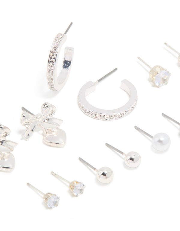 Silver Diamante & Bow Heart Earrings 7-Pack