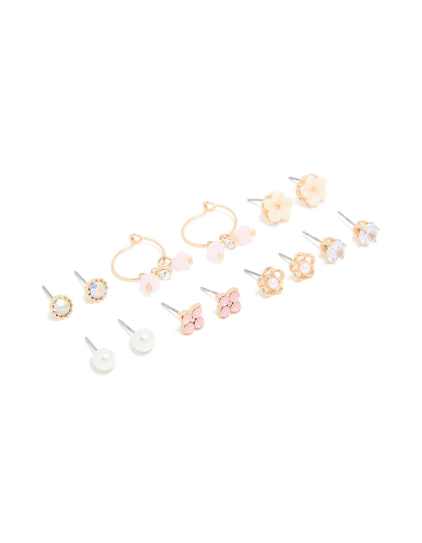 Gold Pearl & Floral Stud Earrings 7-Pack