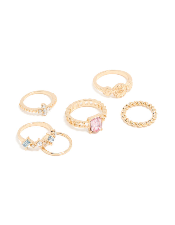 Gold Diamante Mixed Rings 6-Pack