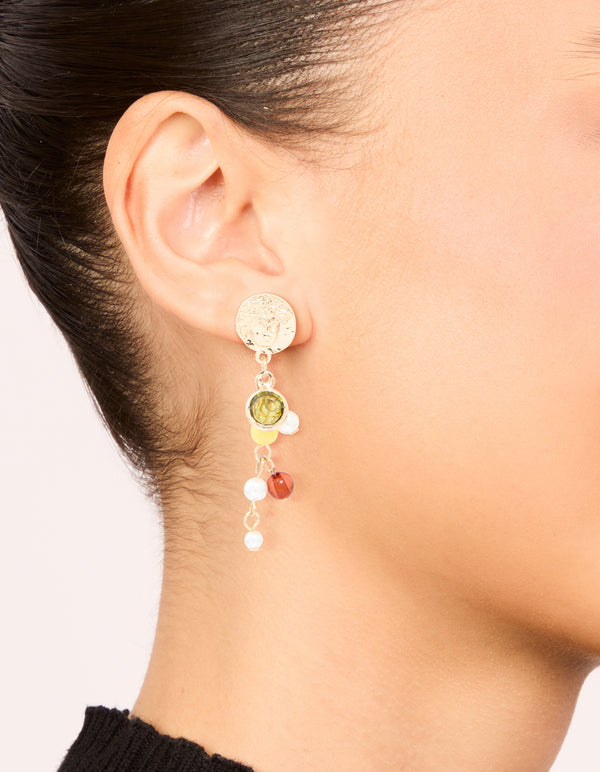 Gold Multicoloured Beaded & Molten Disc Drop Earrings