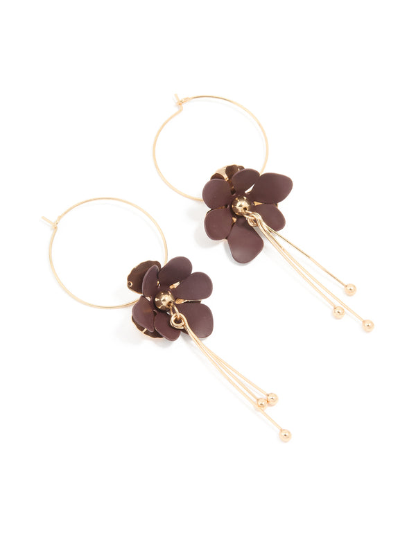 Gold Upside Down Brown Flower Chain Drop Earrings