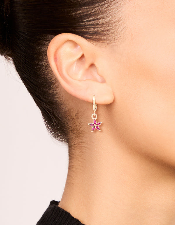 Gold Red Diamante Flower Huggie Earrings