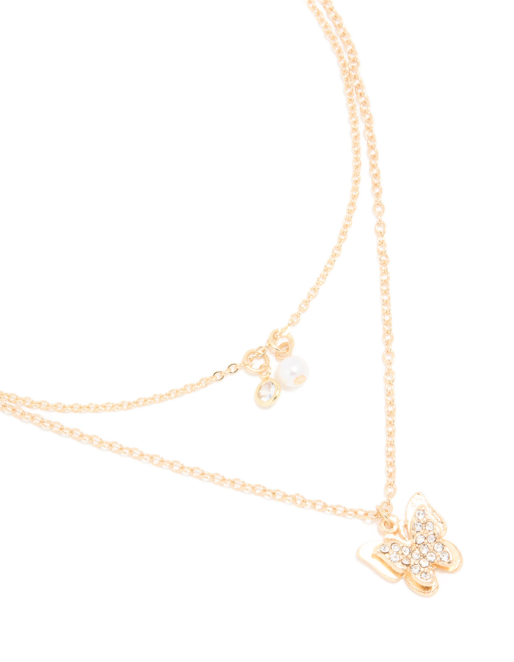 Gold Diamante Pearl & Butterfly Layered Necklace