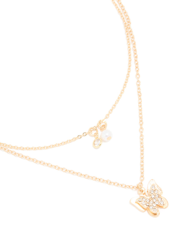 Gold Diamante Pearl & Butterfly Layered Necklace