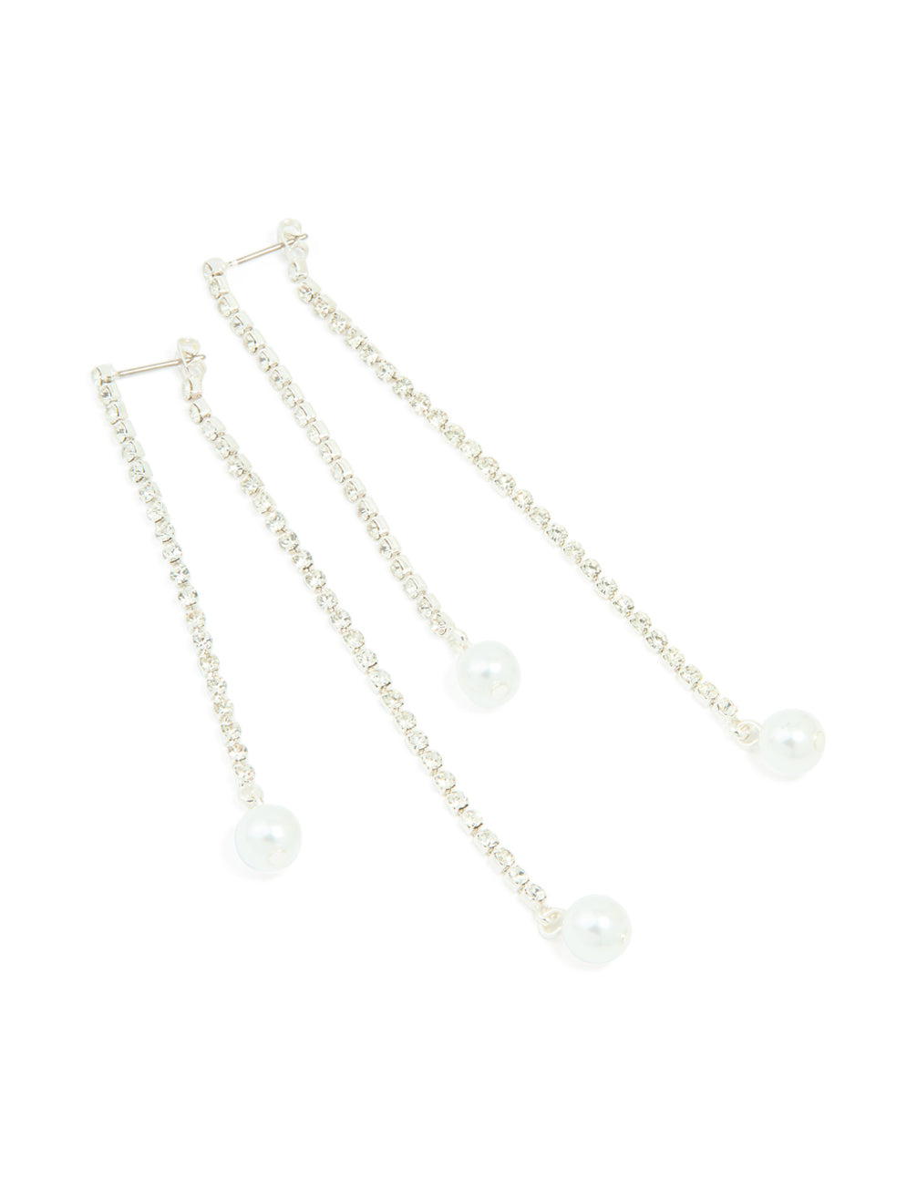 Silver Diamante Cup Chain Pearl Double Drop Earrings