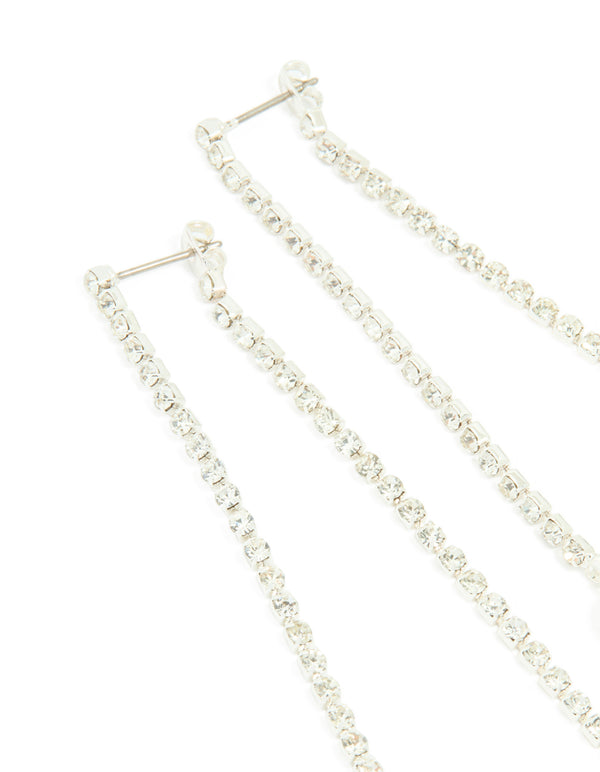 Silver Diamante Cup Chain Pearl Double Drop Earrings