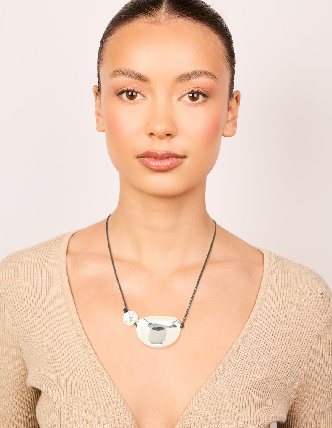 Silver Plated Pebble Cord Large Pendant Necklace