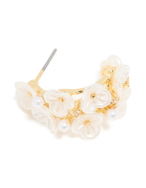 Gold White Acrylic Flowers Hoop Earrings