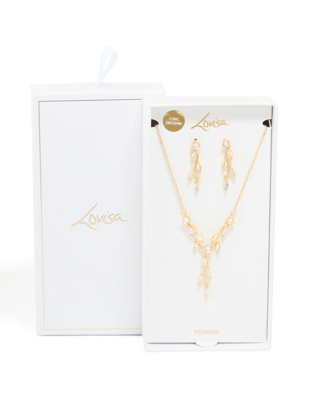 Gold Plated Cubic Zirconia Vine Drop Earrings & Necklace Set