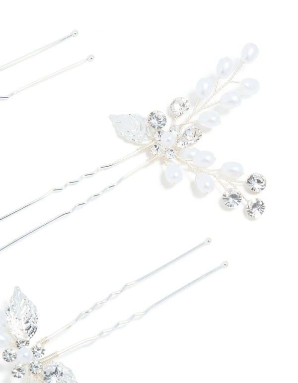 Silver Plated Cubic Zirconia Pearl Laurel Spray Flower Hair Clips 3-Pack
