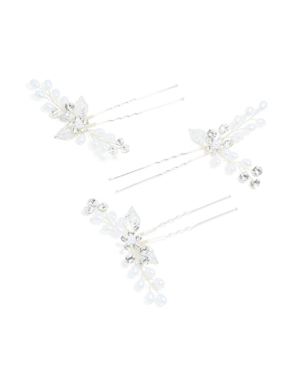 Silver Plated Cubic Zirconia Pearl Laurel Spray Flower Hair Clips 3-Pack