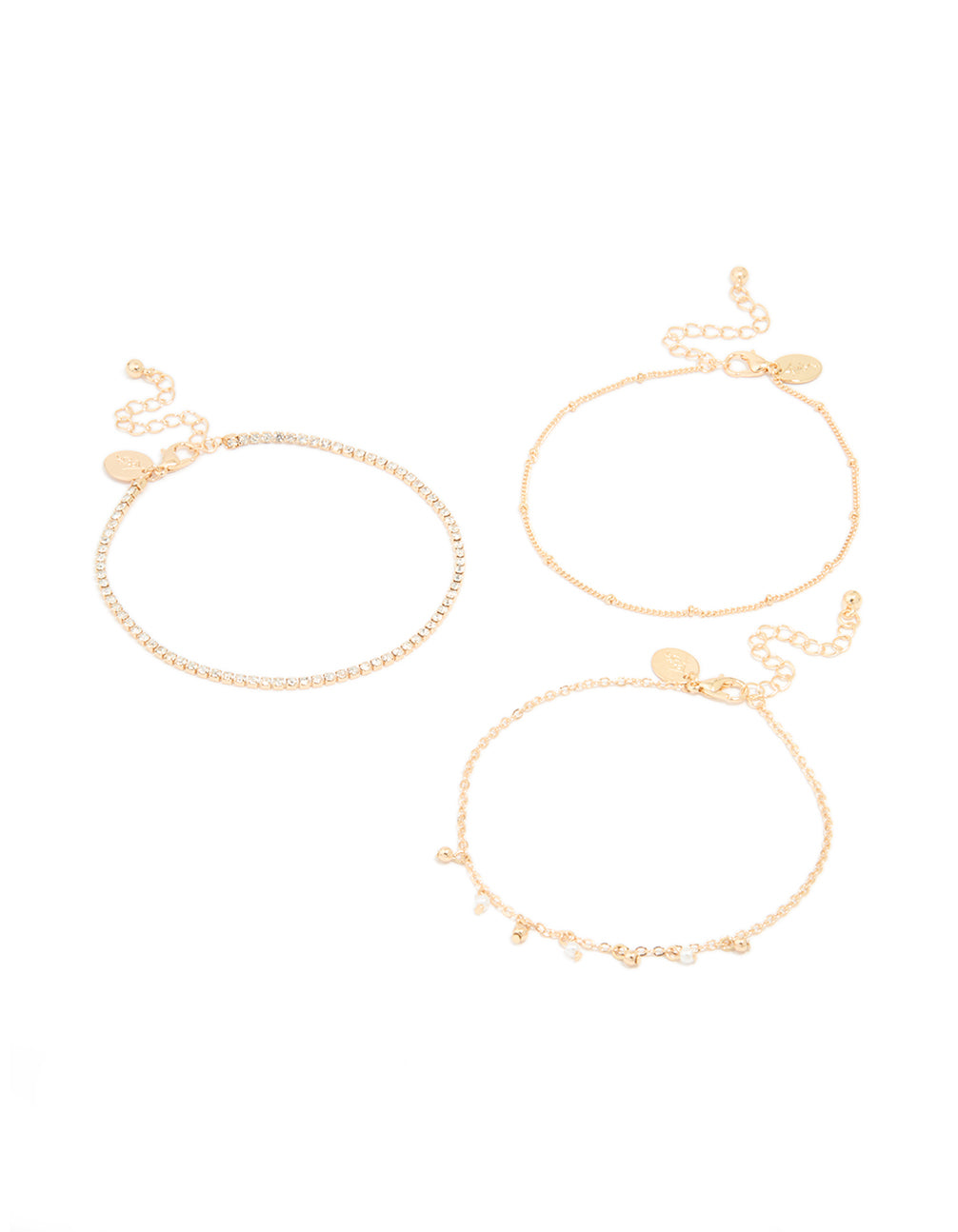Gold Diamante & Pearl Anklets 3-Pack