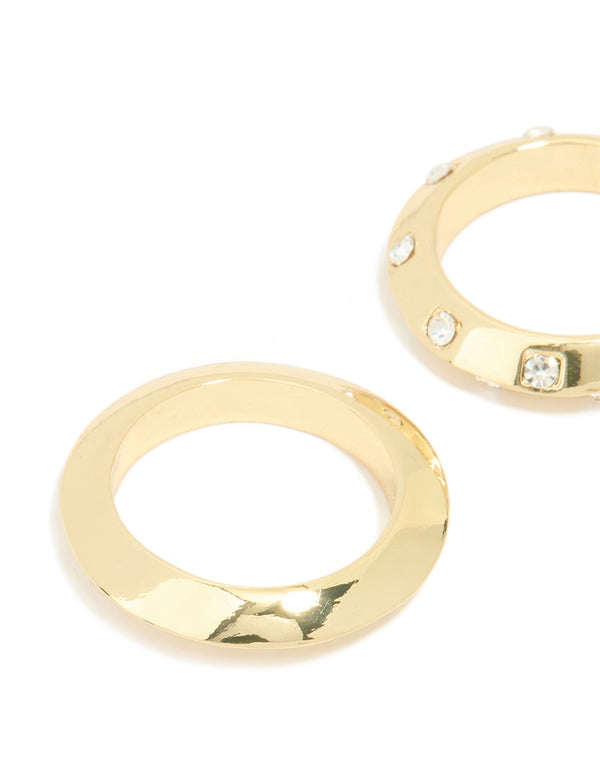 Gold Plated Knife Edge & Diamante Checkered Rings 2-Pack