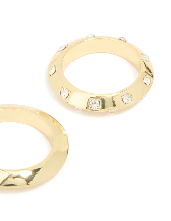 Gold Plated Knife Edge & Diamante Checkered Rings 2-Pack