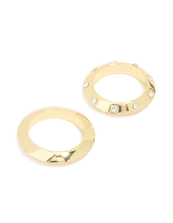 Gold Plated Knife Edge & Diamante Checkered Rings 2-Pack