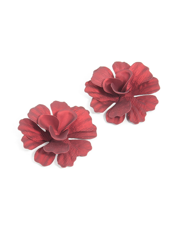 Red Coated Metal Textured Flower Large Stud Earrings