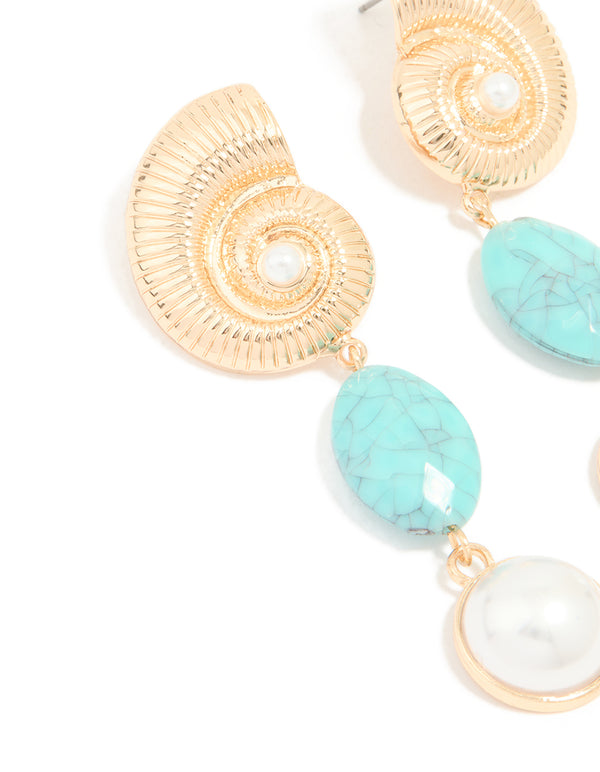Gold Shell Aqua Stone Pearl Drop Earrings