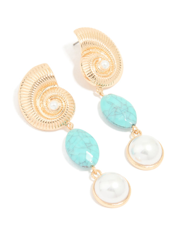 Gold Shell Aqua Stone Pearl Drop Earrings