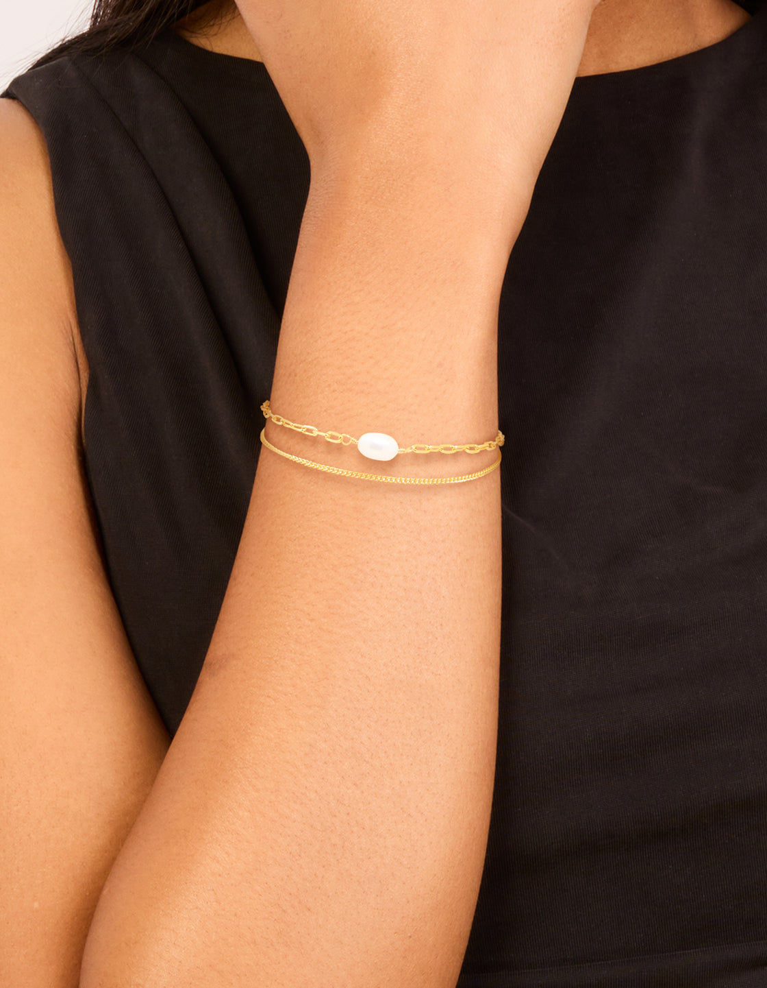 Gold Plated Freshwater Pearl Chain Layered Bracelet