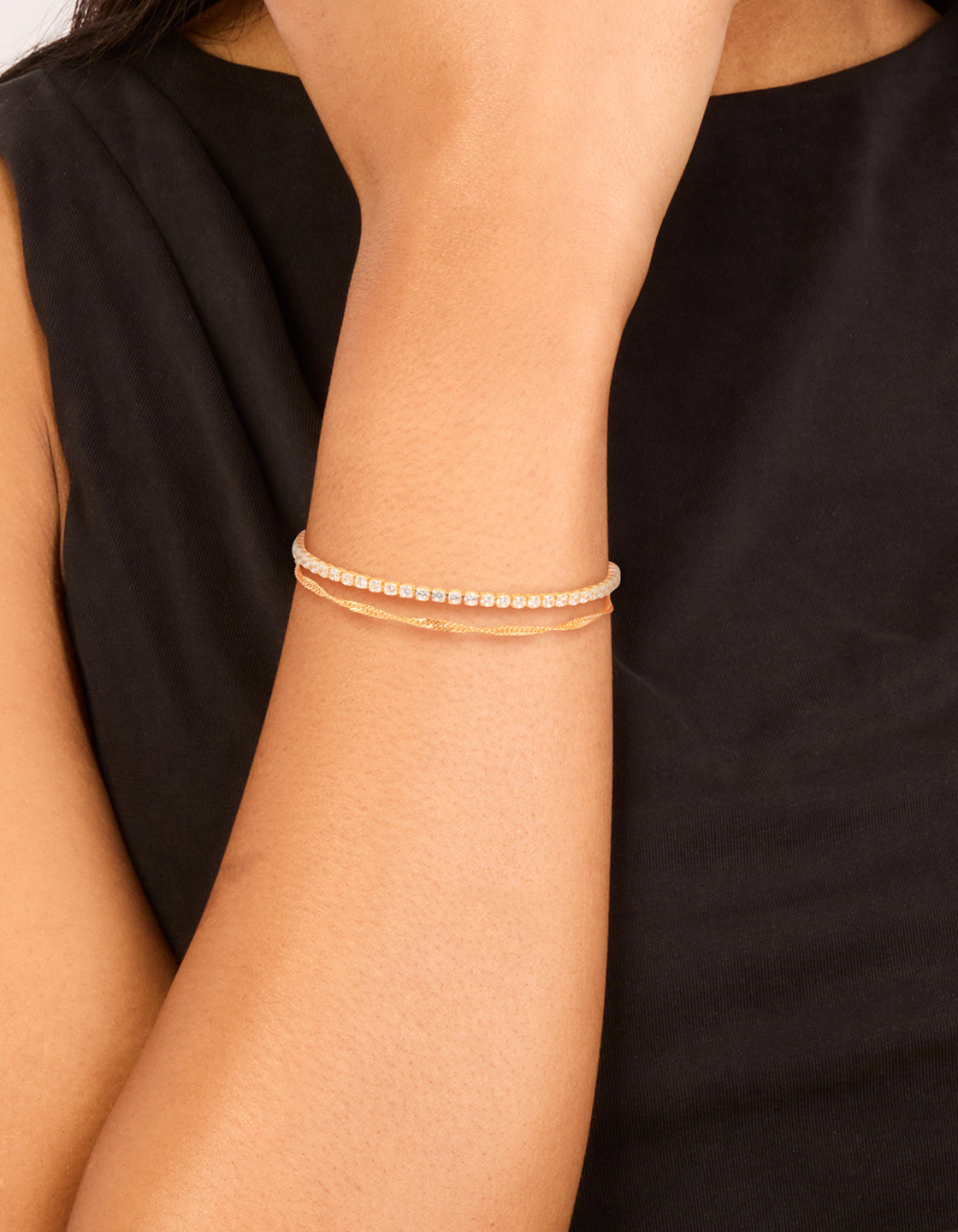 Gold Plated Cubic Zirconia Tennis & Plain Chain Layered Bracelet
