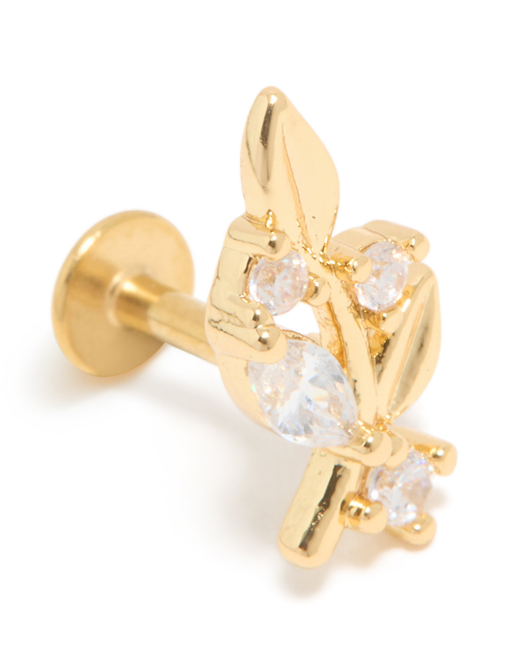 Showcasing a dainty floral single flat back stud featuring cubic zirconia stones crafted in gold plated surgical steel front view