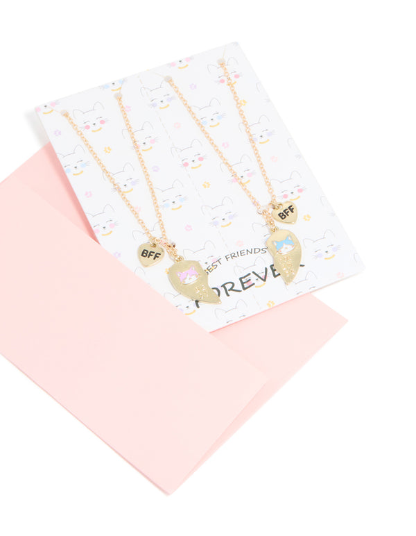 Kids Gold Cat BFF Heart Necklace Pack