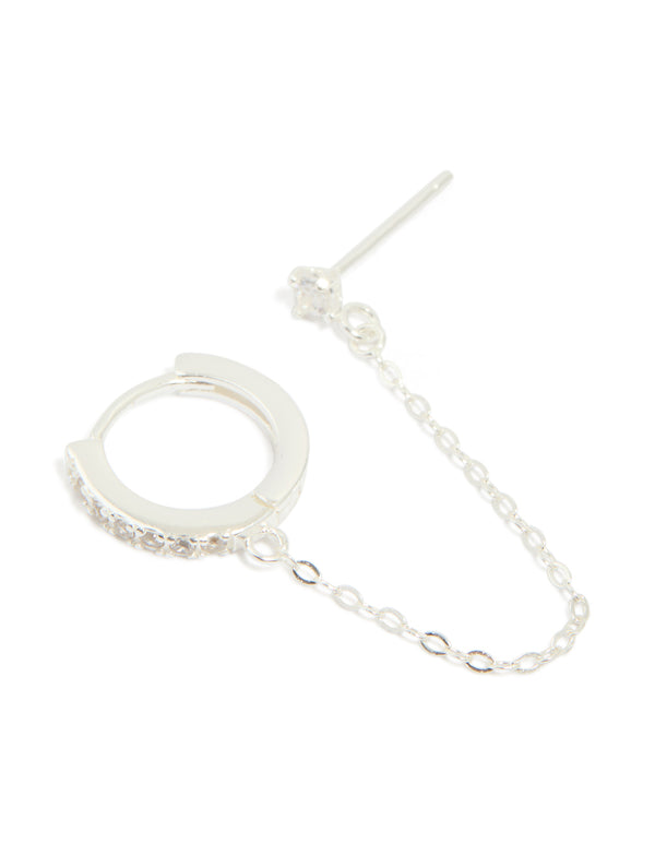 Sterling Silver Cubic Zirconia Chain Huggie & Stud Double Earring