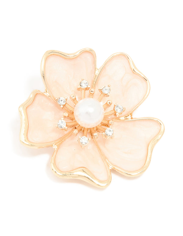 Gold Pink Cream Pearl Flower Brooch