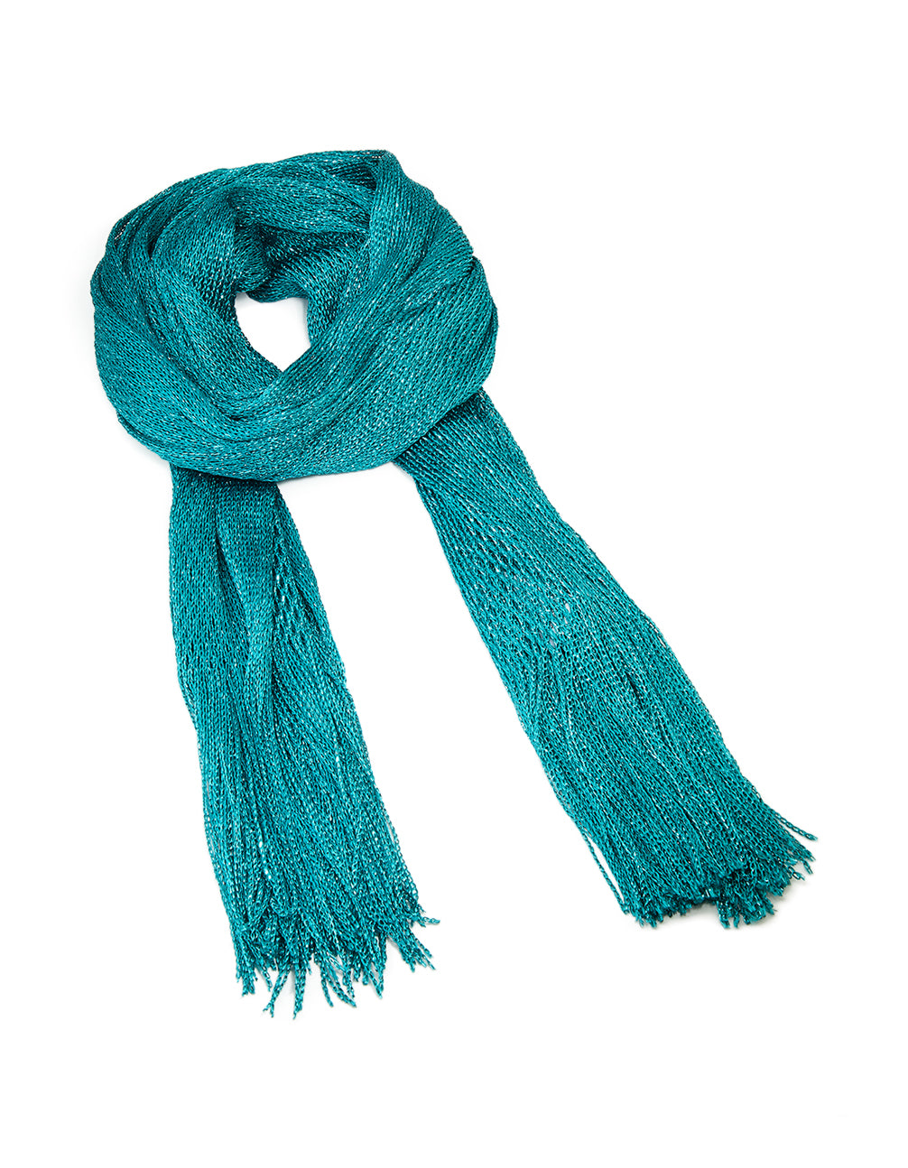 Showcasing a solid dark aqua draped fabric scarf with teal accents front view