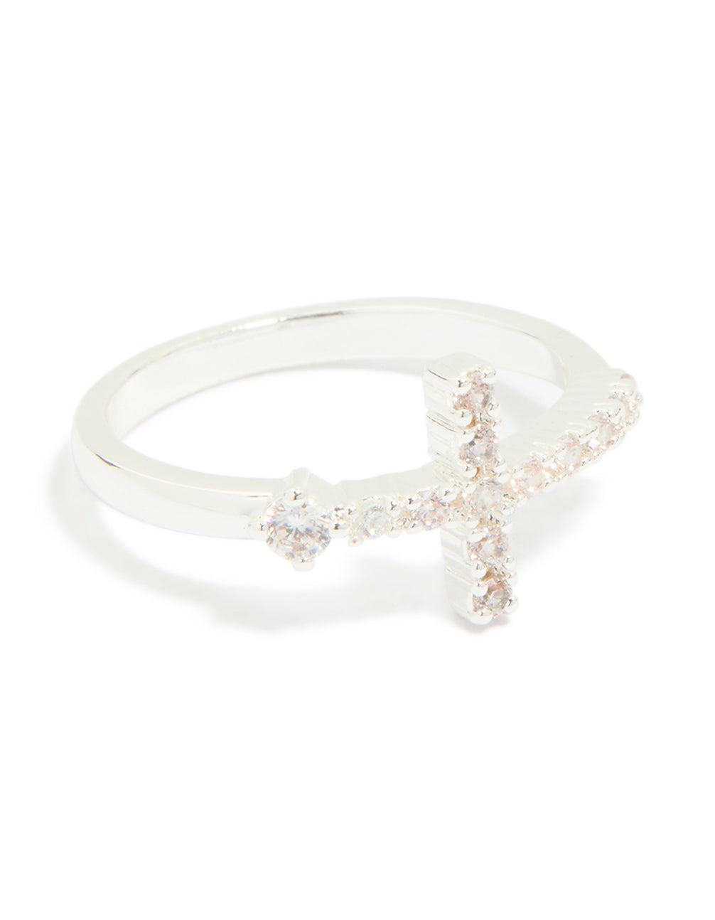 Elegant cross ring crafted from silver plated metal featuring cubic zirconia front view