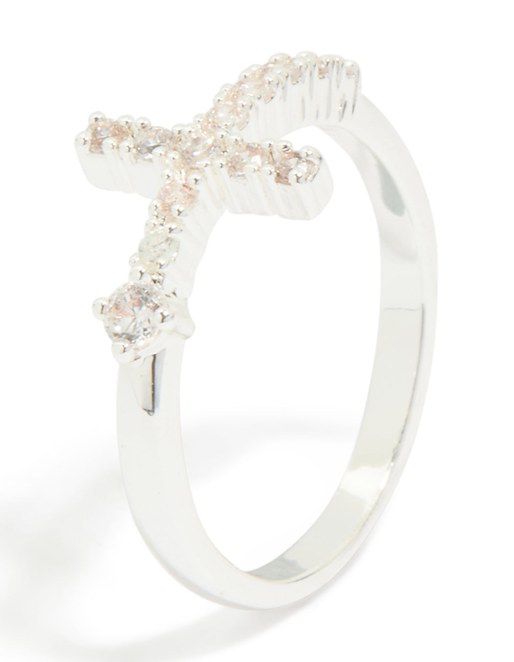 Stylish cross ring crafted from silver plated metal featuring cubic zirconia side detail view