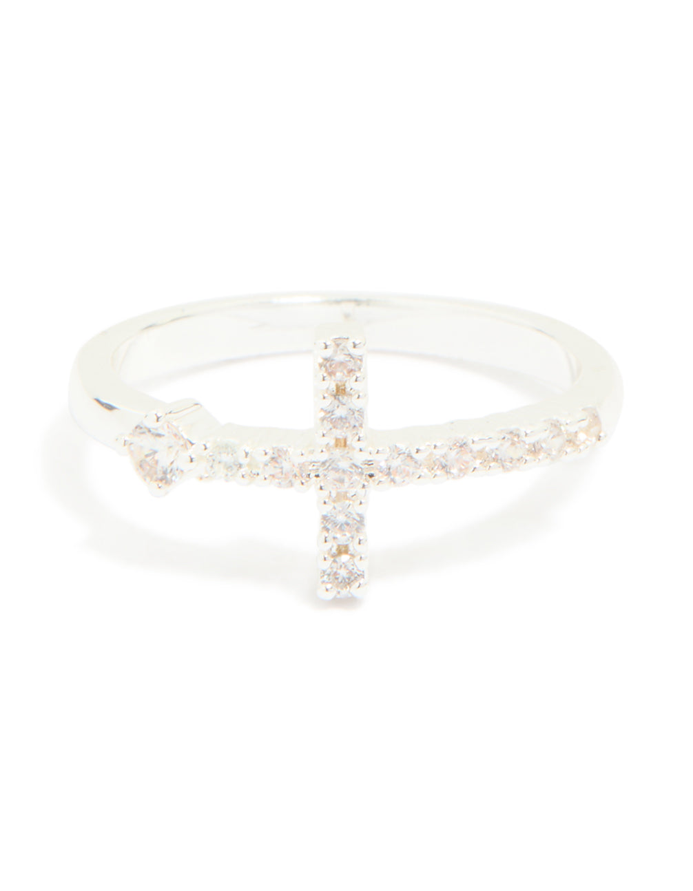 Chic cross ring crafted from silver plated metal featuring cubic zirconia close up view