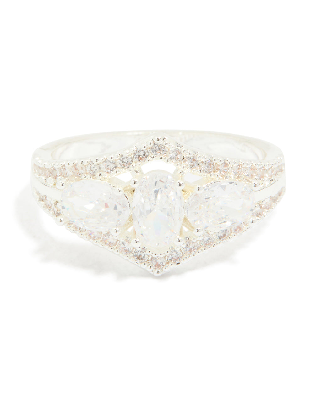 Silver Plated Multi-Shaped Cubic Zirconia 3-Stone Ring