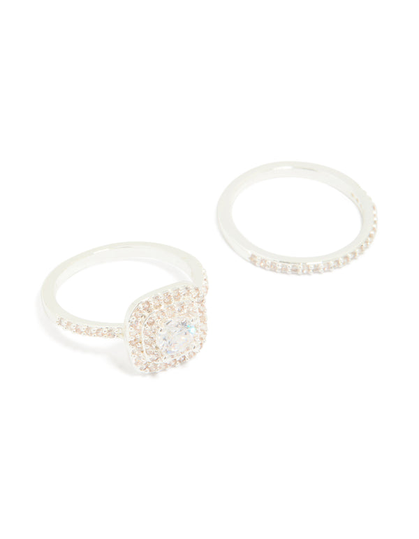 Silver Plated Cubic Zirconia Square & Band Rings 2-Pack
