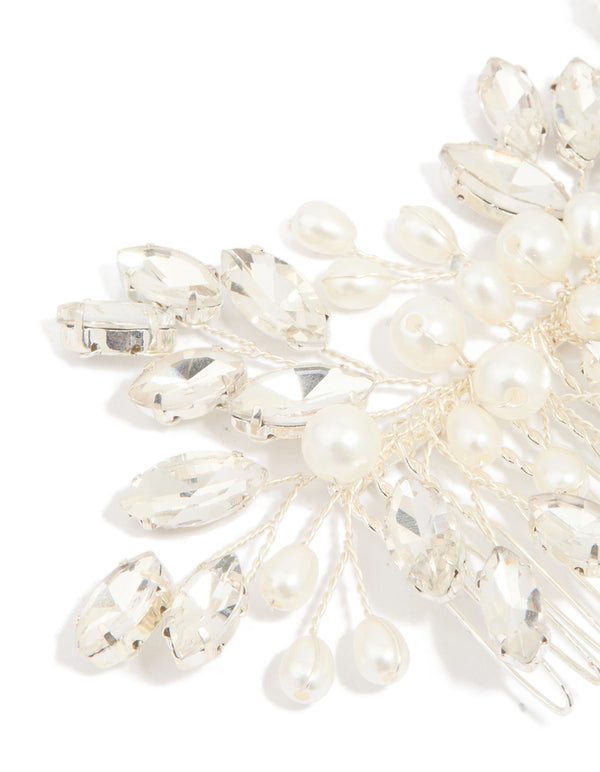 Silver Diamante Leaf Pearl Hair Comb
