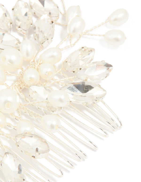 Silver Diamante Leaf Pearl Hair Comb