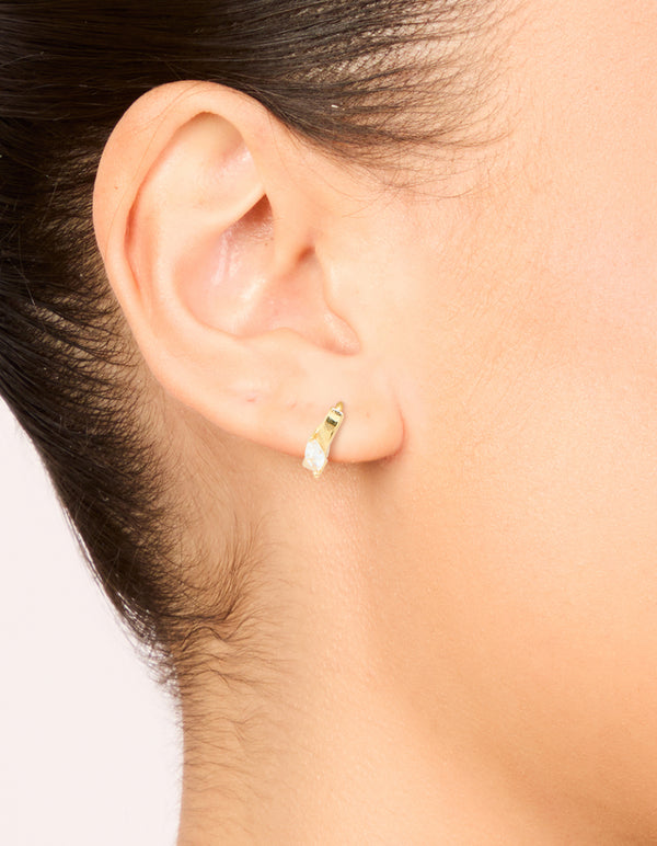 Gold Plated Sterling Silver Cubic Zirconia Navette Cut Huggie Earrings