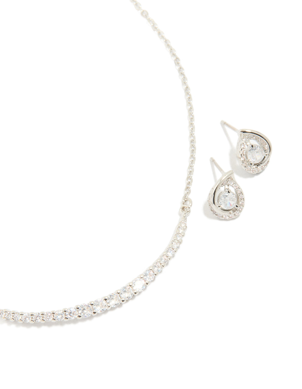Silver Cubic Zirconia Pear Knot Earrings & Tennis Necklace Set