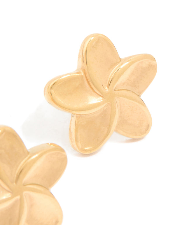 Explore waterproof gold plated stainless steel smooth flower stud earrings with front view
